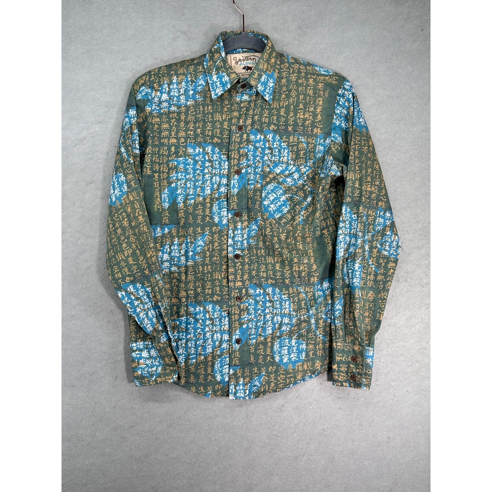 Western Aloha Mens XS Long Sleeve Button Down Shirt Japanese Script Green Blue